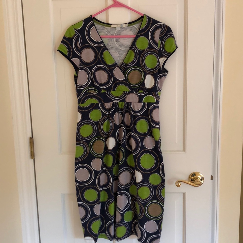 Boden Navy Dress with Green and Light Gray Dot Print